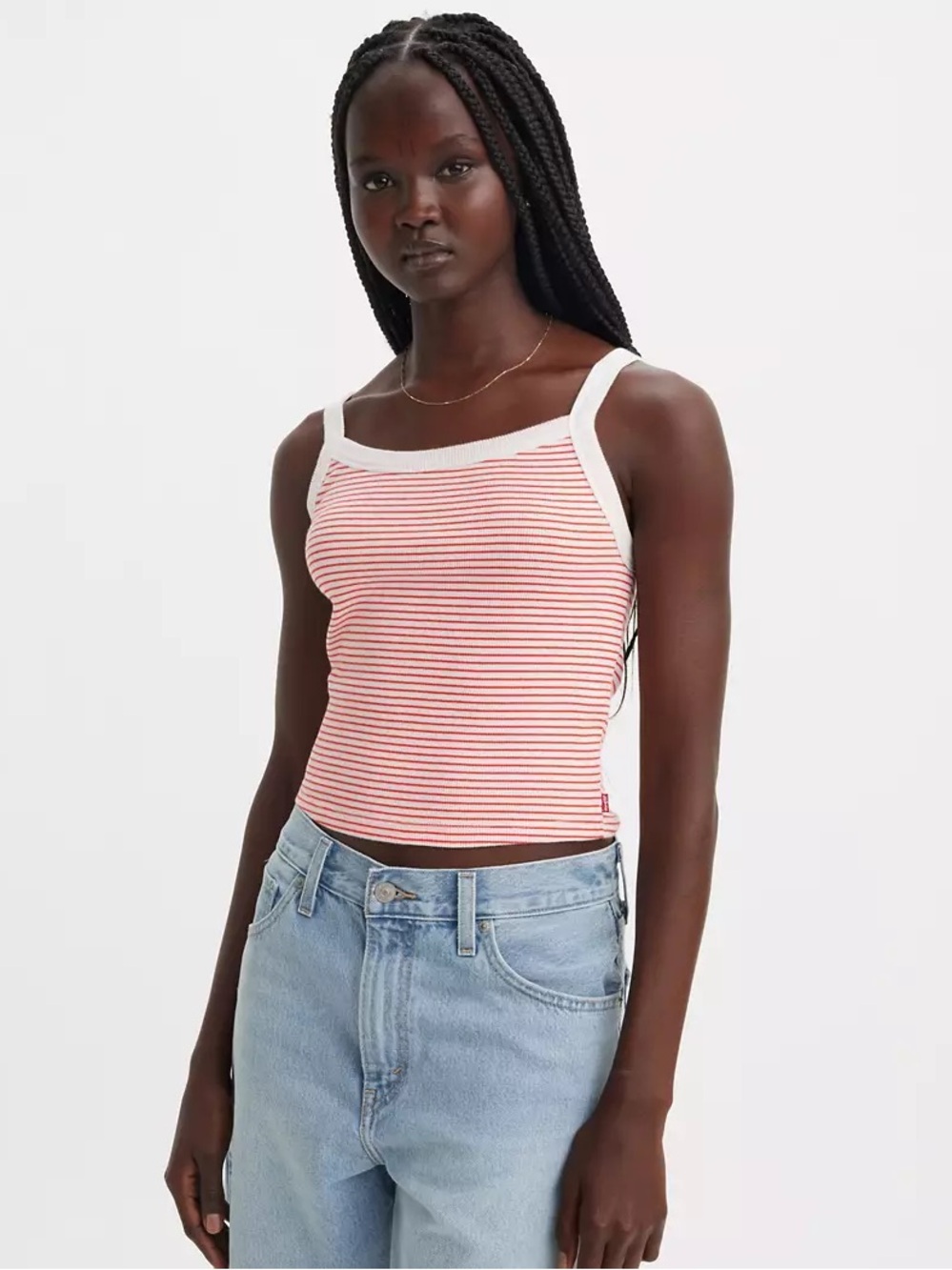 Levi's Red and White Rib Striped Square-Neck Tank Top